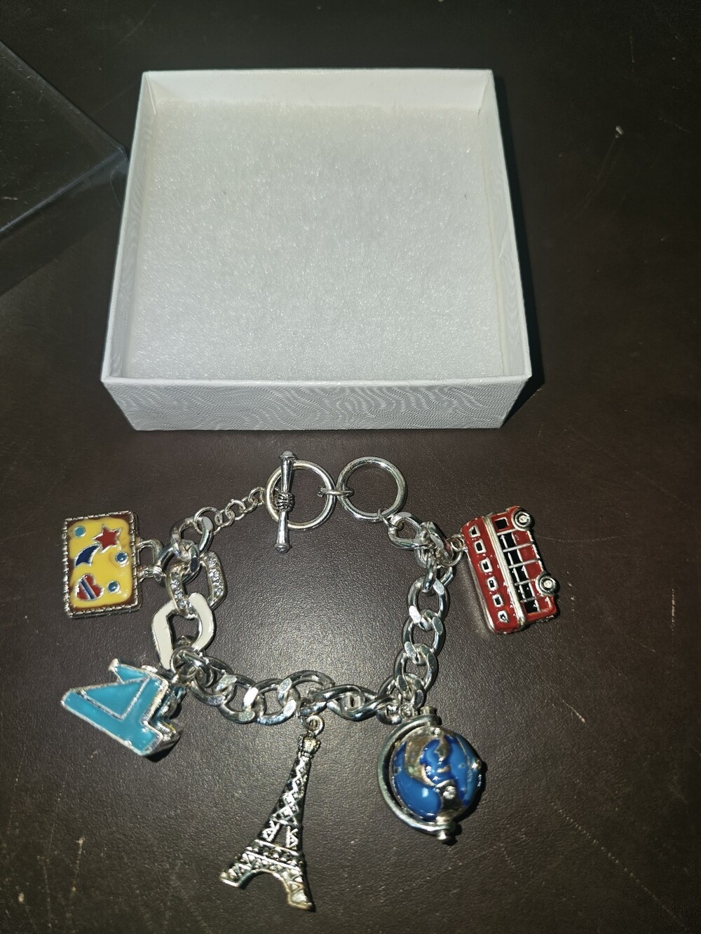 European Travel Themed Charm Bracelet w/ 5 Charms, Mixed Metals, 8β Toggle Clasp